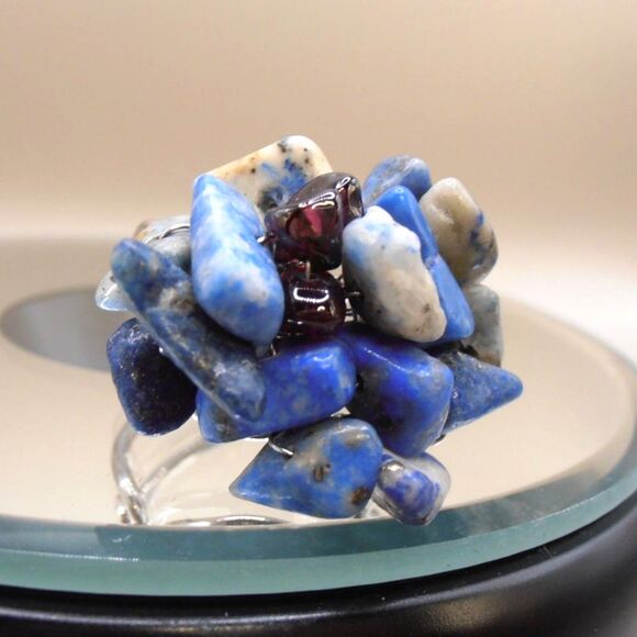 Lapis Lazuli & Garnet Cluster Adjustable Statement Ring – Bold Boho Style - Picture 4 of 5